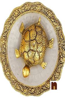 Feng Shui | Vastu Metal Designer Turtle | Tortoise In Designer Golden Glass Plate (14 Cms)