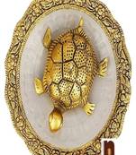 Feng Shui | Vastu Metal Designer Turtle | Tortoise In Designer Golden Glass Plate (14 Cms)