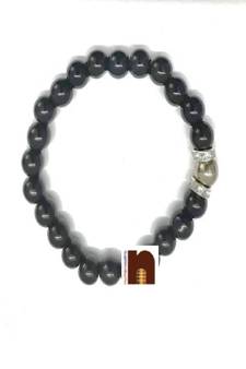 Black Agate | Hakik Gemstone Stretchable Round Beads Bracelet With Golden Pyrite Bead (1 Pc)