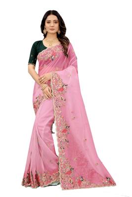 Pink embroidered organza saree with blouse 1