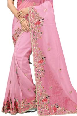 Pink embroidered organza saree with blouse 2