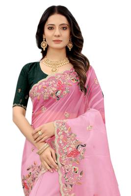 Pink embroidered organza saree with blouse 3