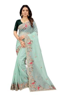 Sky blue embroidered organza saree with blouse 1