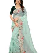 Sky blue embroidered organza saree with blouse