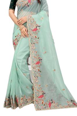 Sky blue embroidered organza saree with blouse 2