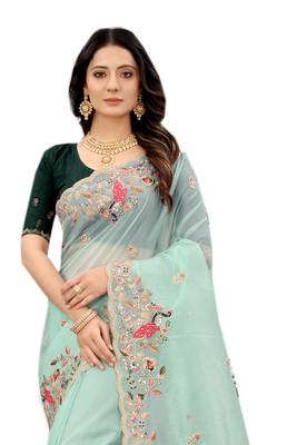 Sky blue embroidered organza saree with blouse 3