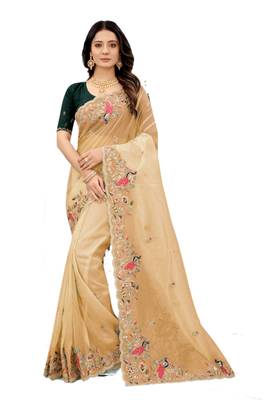 Beige embroidered organza saree with blouse 1