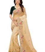 Beige embroidered organza saree with blouse