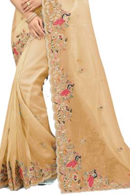 Beige embroidered organza saree with blouse 2