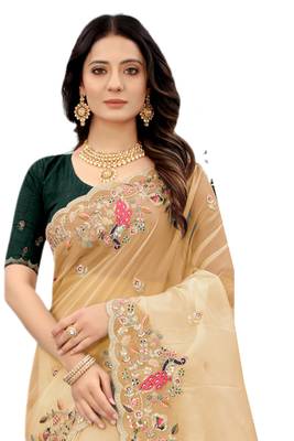 Beige embroidered organza saree with blouse 3