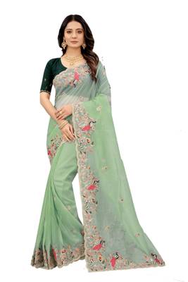Sea green embroidered organza saree with blouse 1