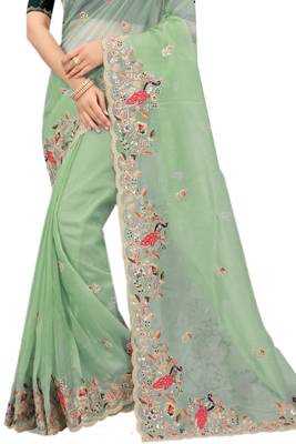 Sea green embroidered organza saree with blouse 2