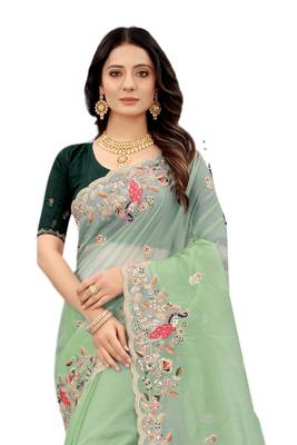 Sea green embroidered organza saree with blouse 3