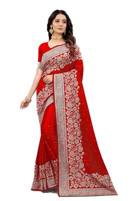 Red embroidered silk blend saree with blouse 1