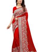 Red embroidered silk blend saree with blouse