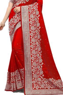 Red embroidered silk blend saree with blouse 2