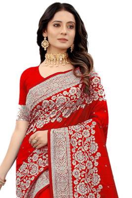 Red embroidered silk blend saree with blouse 3