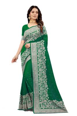 Green embroidered silk blend saree with blouse 1