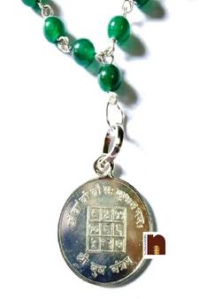 Green Agate | Hakik Mala In White Metal With Pure Silver Budh Yantra Pendant (54+1 Beads) (6 MM) (1 Pc)