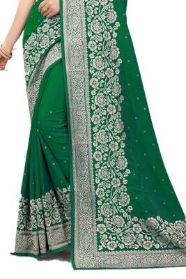 Green embroidered silk blend saree with blouse 2