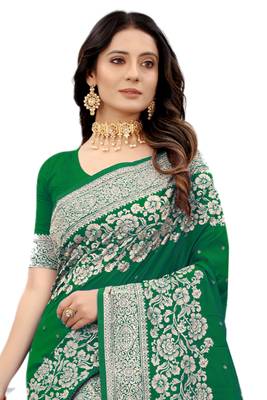 Green embroidered silk blend saree with blouse 3