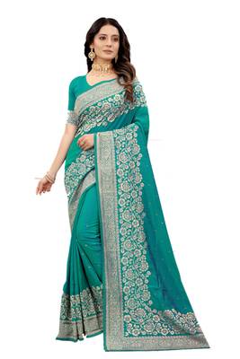 Green embroidered silk blend saree with blouse 1