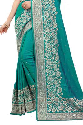 Green embroidered silk blend saree with blouse 2