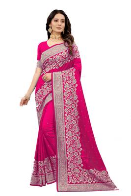 Magenta embroidered silk blend saree with blouse 1