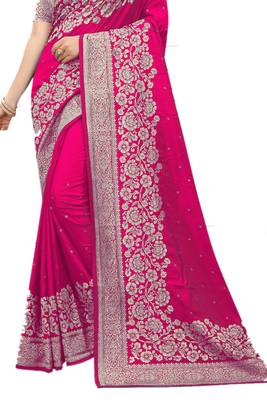 Magenta embroidered silk blend saree with blouse 2