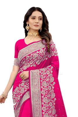 Magenta embroidered silk blend saree with blouse 3