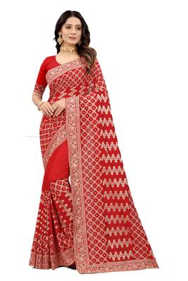 Red embroidered silk blend saree with blouse 1