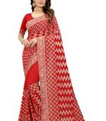 Red embroidered silk blend saree with blouse