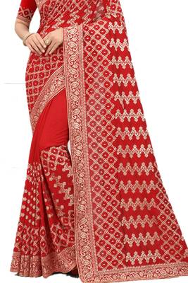 Red embroidered silk blend saree with blouse 2