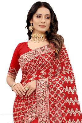 Red embroidered silk blend saree with blouse 3