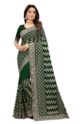 Green embroidered silk blend saree with blouse 1