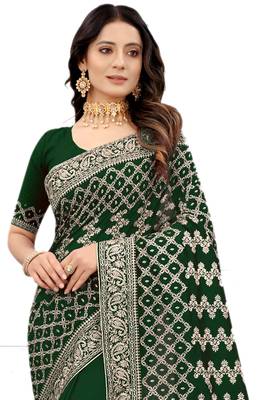 Green embroidered silk blend saree with blouse 3