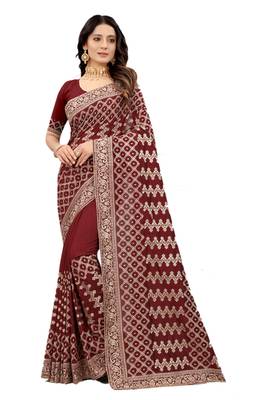 Maroon embroidered silk blend saree with blouse 1