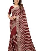 Maroon embroidered silk blend saree with blouse