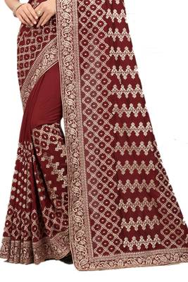 Maroon embroidered silk blend saree with blouse 2