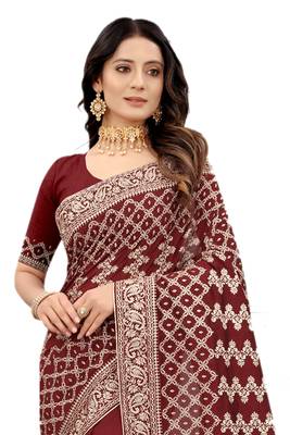 Maroon embroidered silk blend saree with blouse 3