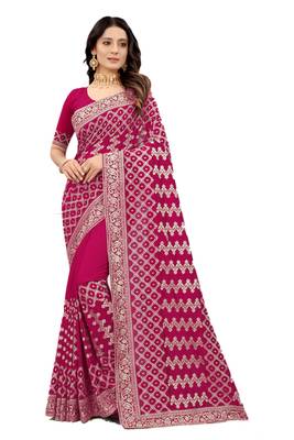 Magenta embroidered silk blend saree with blouse 1