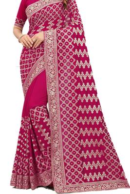 Magenta embroidered silk blend saree with blouse 2