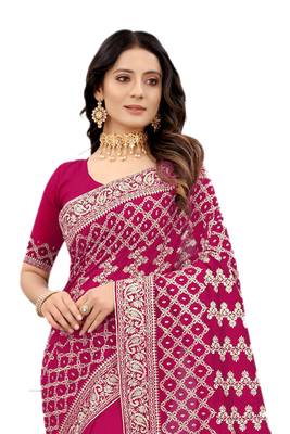 Magenta embroidered silk blend saree with blouse 3