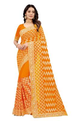 Mustard embroidered silk blend saree with blouse 1