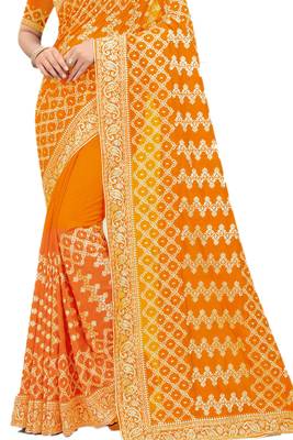 Mustard embroidered silk blend saree with blouse 2