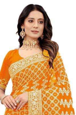 Mustard embroidered silk blend saree with blouse 3