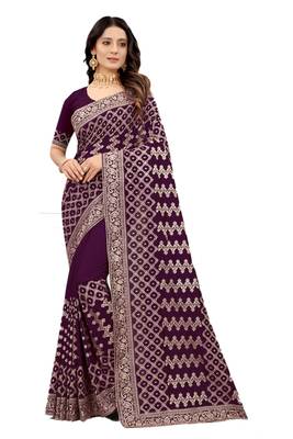 Purple embroidered silk blend saree with blouse 1