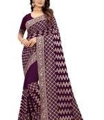 Purple embroidered silk blend saree with blouse