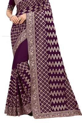 Purple embroidered silk blend saree with blouse 2
