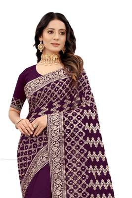 Purple embroidered silk blend saree with blouse 3